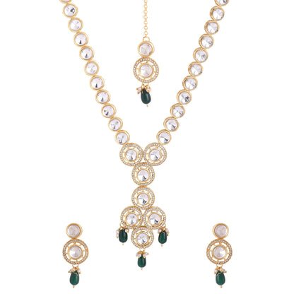 Yellow Chimes Gold Plated Kundan Necklace Set with Green Beads Drop, Perfect Birthday or Anniversary Gift for Women and Girls