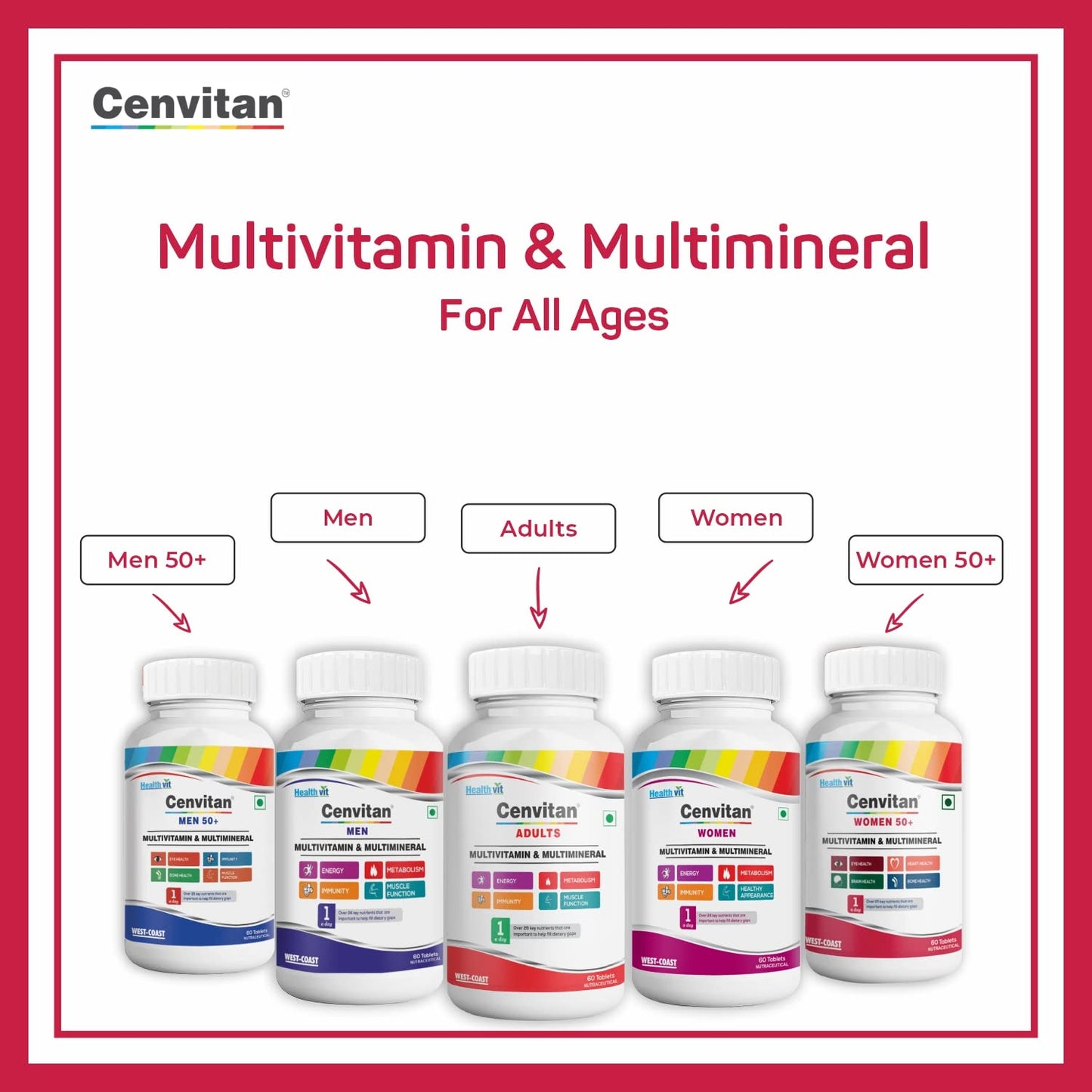 Healthvit Cenvitan Women 50 Multivitamins & Multimineral 25 Nutrients for Eye, Brain, Bone, Heart Health - 60 Tablets