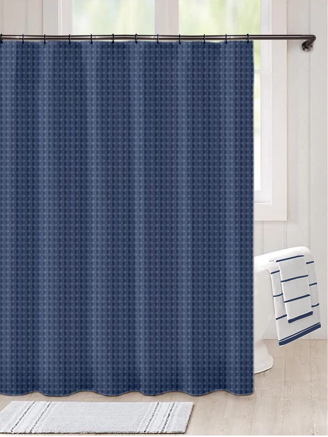 Lushomes Waffle Weave Shower Curtain 70x72" Blue, 12 Rust-Resistant Grommets, Washable Polyester, Hotel Quality.