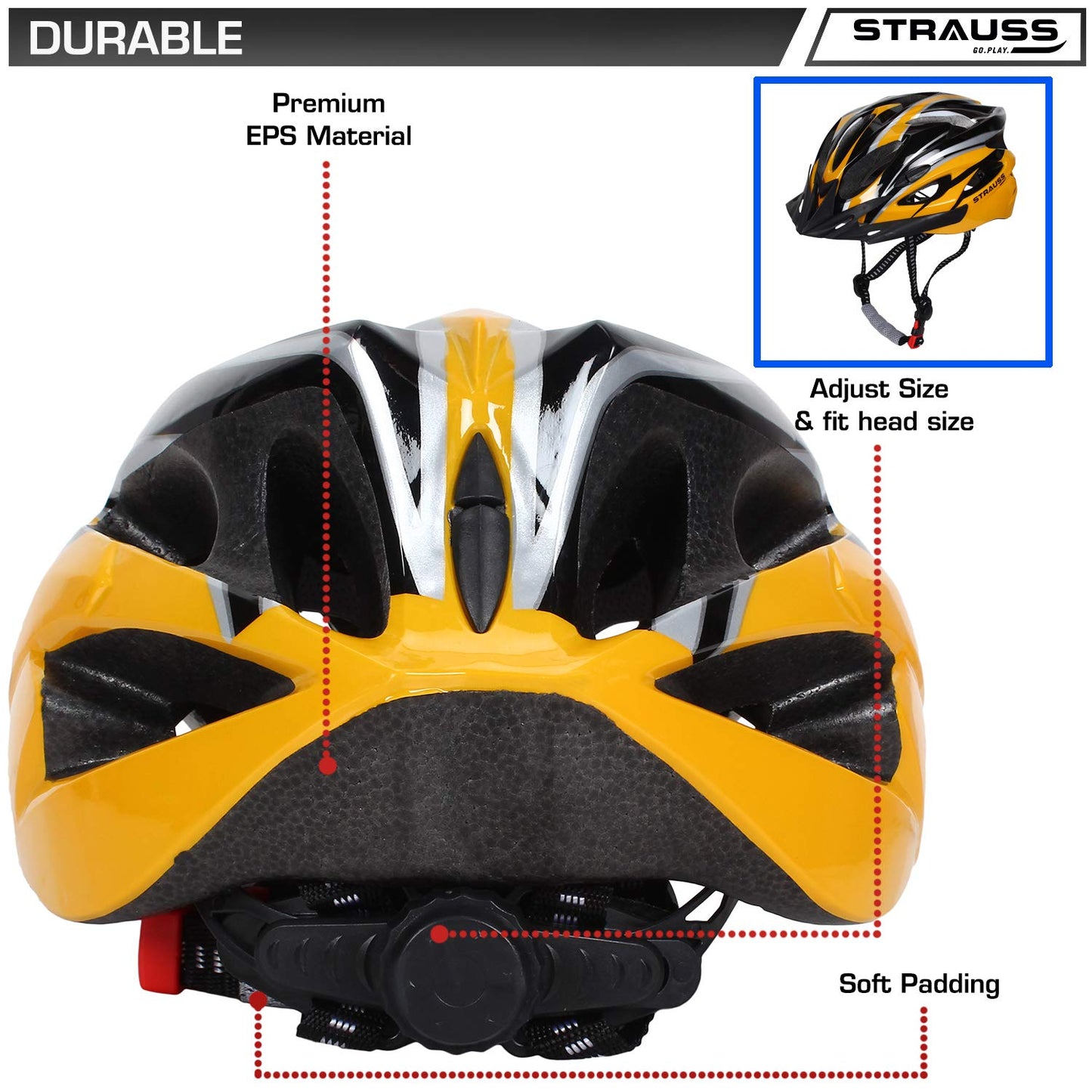 Strauss Adjustable Cycling Helmet, Lightweight, Superior Ventilation, EPS Foam, ABS Shell, for Adults & Kids, Black/Yellow.