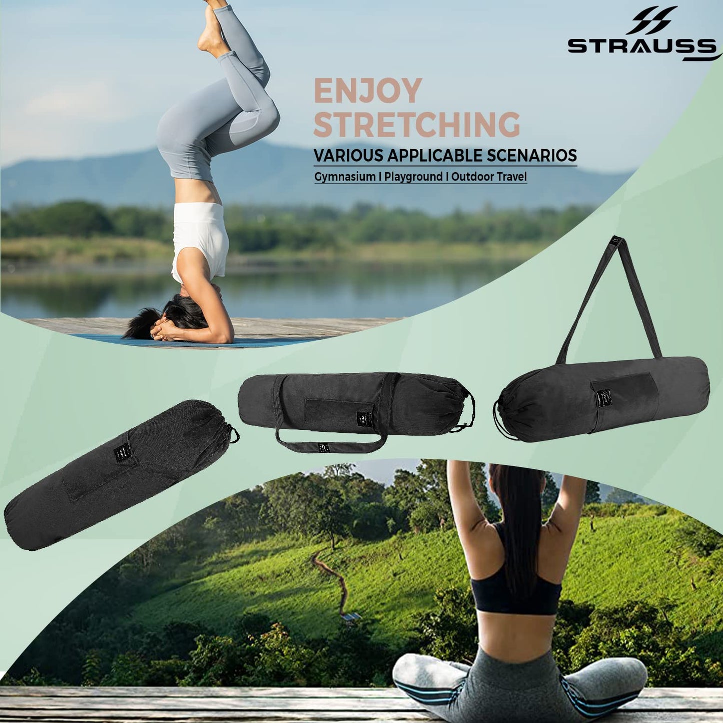 STRAUSS Velvet Yoga Mat Bag with Shoulder Strap, Washable, Durable, Side Pocket, Ideal for Men & Women, Black.