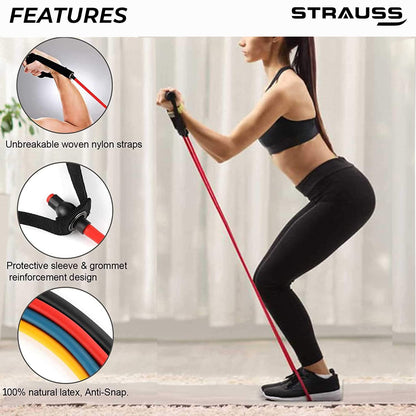 Strauss Triple Resistance Tube with Foam Handle, Door Anchor, 27 Kg, Red. Ideal for Exercise, Stretching, Strength Training, Home Gym. Includes Carry Bag.