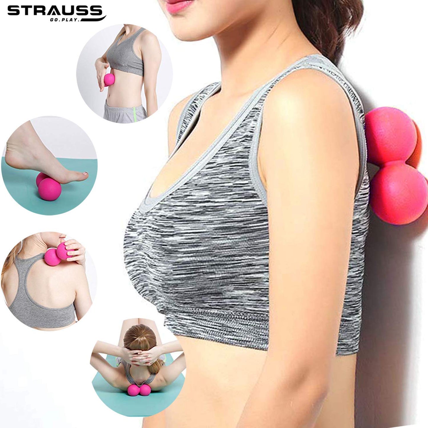 Strauss Yoga Lacrosse Massage Dual Peanut Ball for Physiotherapy, Deep Tissue, Trigger Point Therapy, Muscle Knots, Pain Relief, Pink