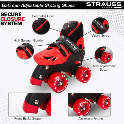 STRAUSS Gatiman Adjustable Roller Skates with Break, 4 Wheels, Size Senior, Black/Red, Ideal for Boys and Girls