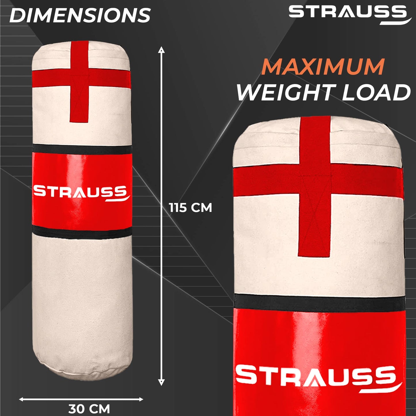 Strauss 4ft Heavy Duty Punching Bag, Hanging S Hook, Zippered Top, Ideal for Boxing, MMA, Muay Thai, Home Gym, Fitness Training, Cream/Black.