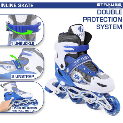 STRAUSS Vortex Adjustable Inline Skates for Boys & Girls, 4 Wheels, Beginner-Friendly, Enhanced Stability, Size M, Blue