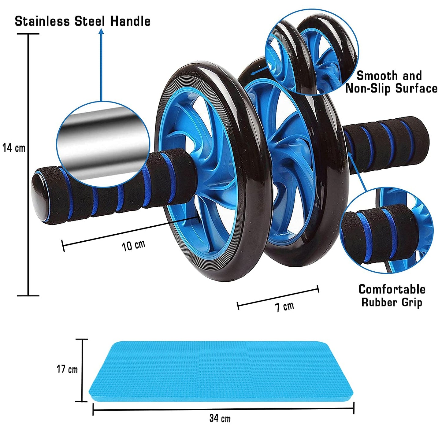 Strauss Double Wheel Ab Exerciser with Knee Mat, Anti-Skid Base, Non-Slip Handles, Dual Ab Exercise, Core Workout, Home Use, Blue.