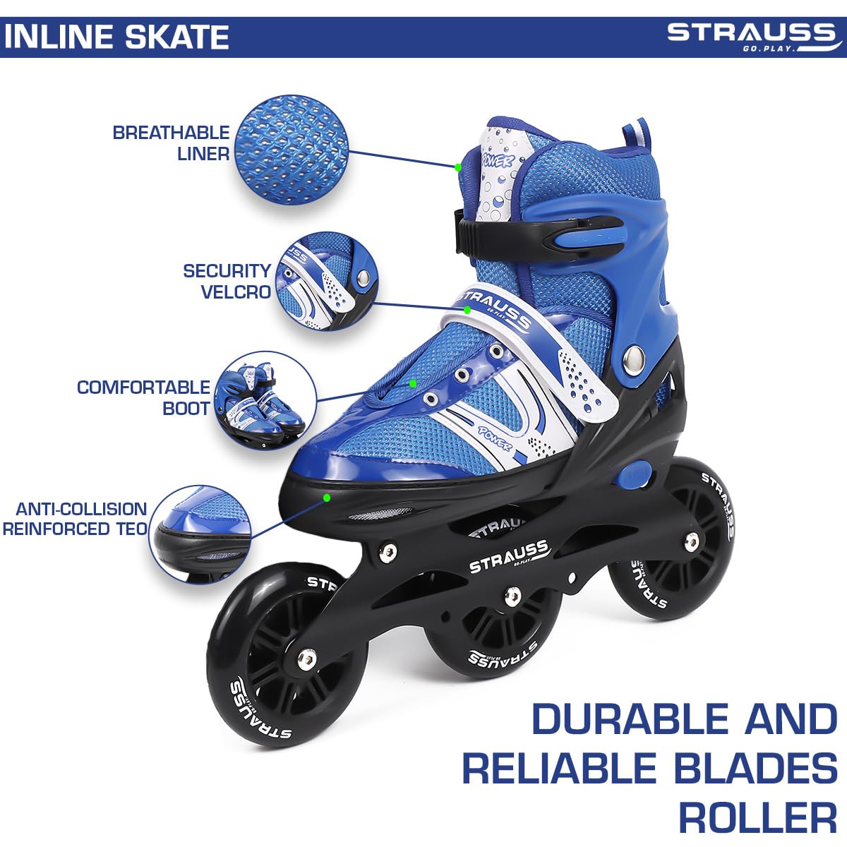 STRAUSS Blaze Adjustable Inline Skates for Boys & Girls, 3 Wheels, Beginner-Friendly, Enhanced Stability, Size L, Blue