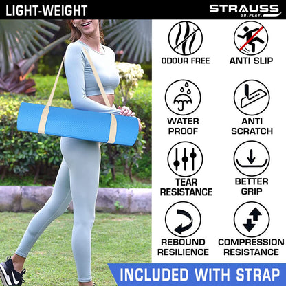 Strauss Anti Skid EVA Yoga Mat with Carry Strap 4mm Sky Blue