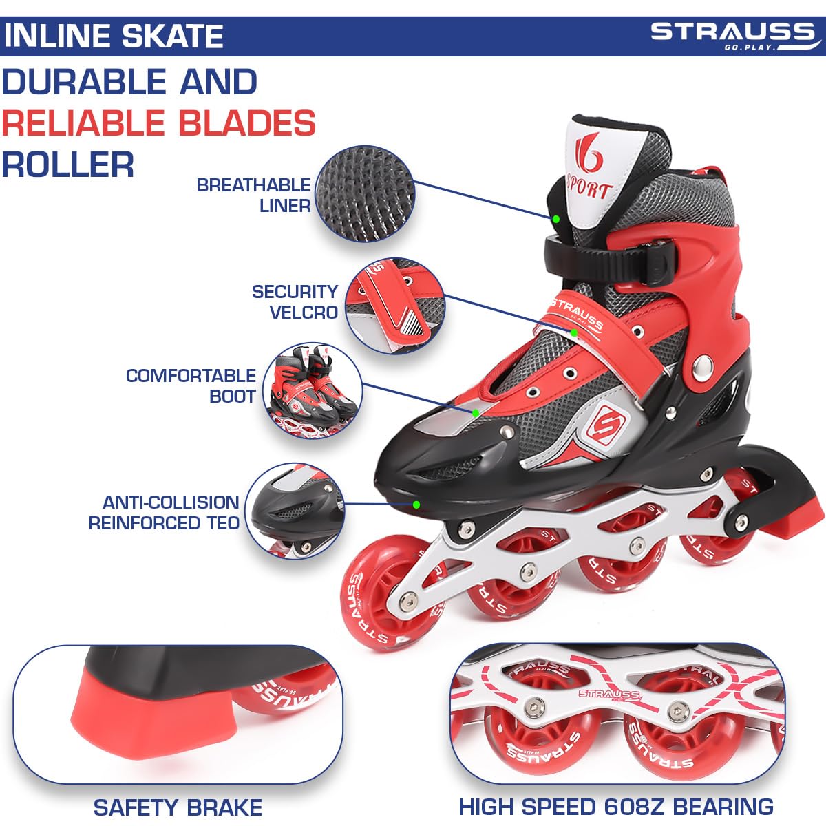 STRAUSS Vortex Adjustable Inline Skates for Boys & Girls, 4 Wheels, Beginner-Friendly, Enhanced Stability, Size L, Red