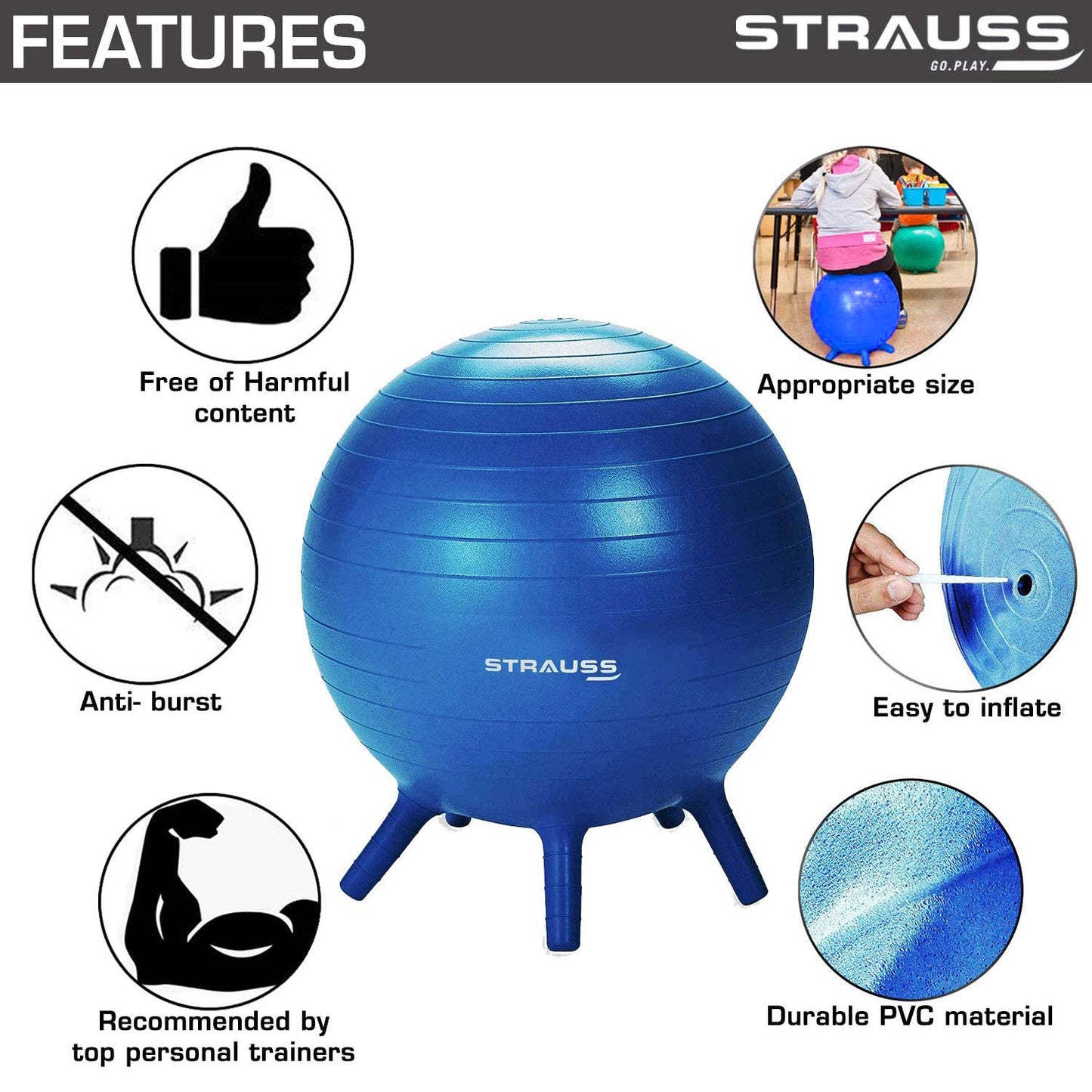 STRAUSS 55cm Anti-Burst Rubber Gym Ball with Stability Legs & Free Foot Pump for Exercise, Yoga, Pregnancy, Balance - Blue