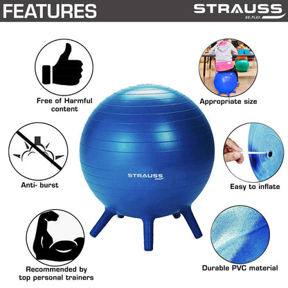 STRAUSS 55cm Anti-Burst Rubber Gym Ball with Stability Legs & Free Foot Pump for Exercise, Yoga, Pregnancy, Balance - Blue