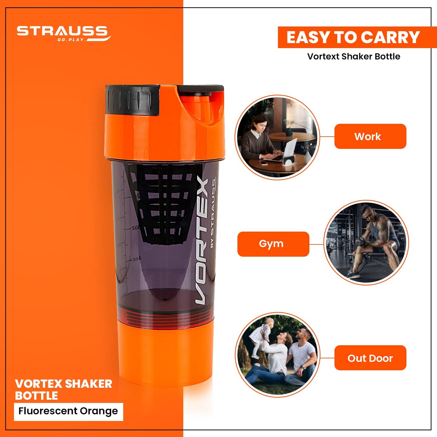 STRAUSS Vortex Shaker Bottle, 500ml, BPA-Free, Leakproof, 2 Storage Compartments, Ideal for Protein Shakes, Pre-Workout, BCAAs, Men & Women, Orange