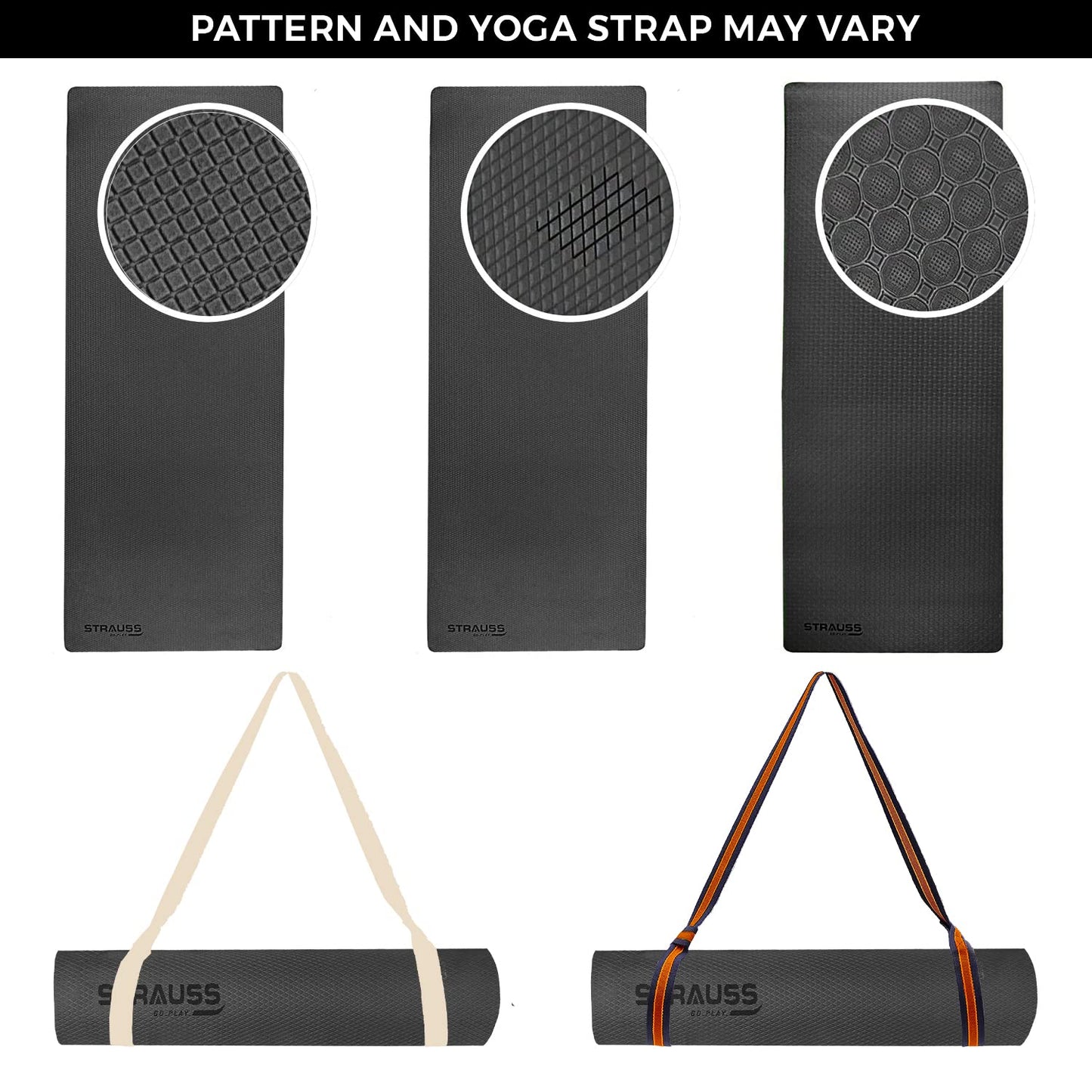 Strauss Anti Skid TPE Yoga Mat with Carry Strap 6mm Black