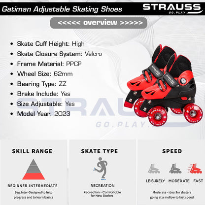 STRAUSS Gatiman Adjustable Roller Skates with Break, 4 Wheels, Size Senior, Black/Red, Ideal for Boys and Girls