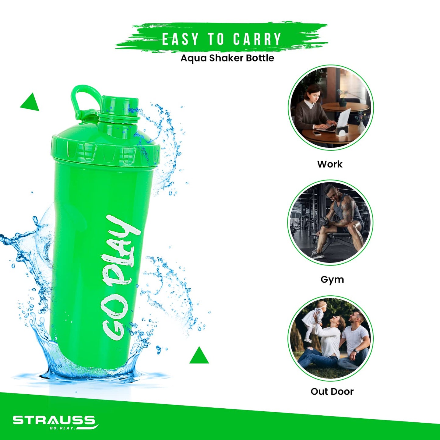 STRAUSS Aqua Shaker Bottle, 700ml, BPA-Free, Leakproof, Ideal for Protein Shakes, Pre/Post Workout, Men & Women, Fluorescent Green