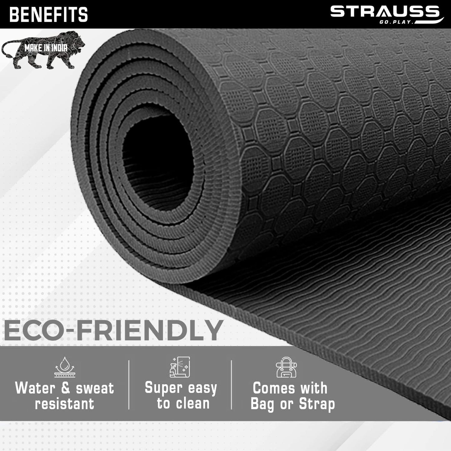 STRAUSS TPE Dual Layer Yoga Mat, 4MM, Lightweight, Eco-Friendly, Ideal for Home Gym, Includes Carry Strap, Black.