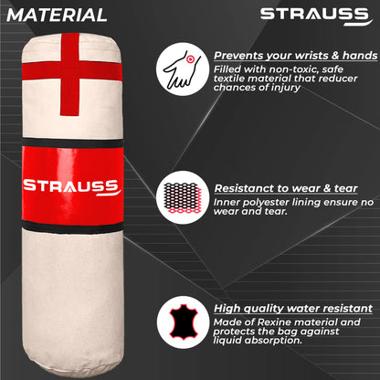 Strauss 4ft Heavy Duty Punching Bag, Hanging S Hook, Zippered Top, Ideal for Boxing, MMA, Muay Thai, Home Gym, Fitness Training, Cream/Black.