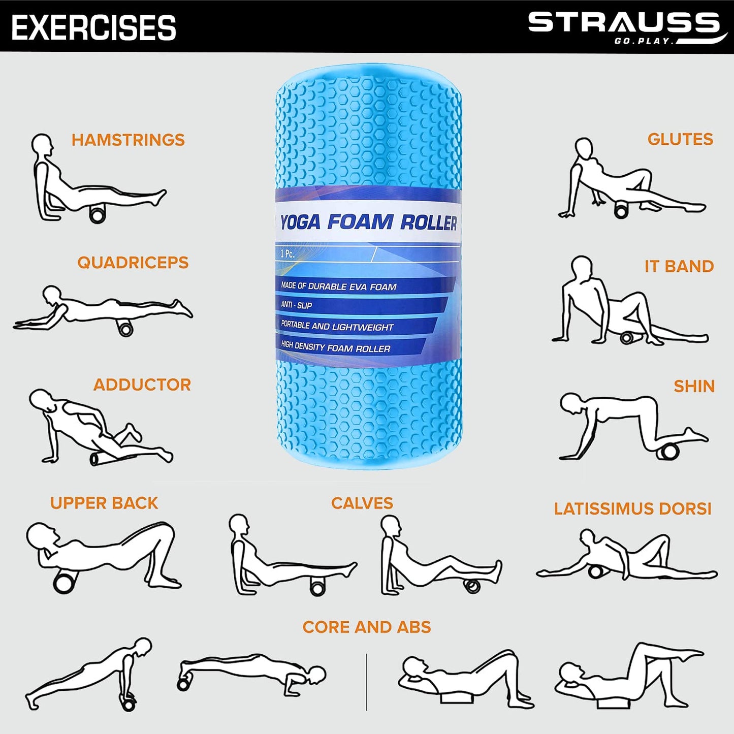 Strauss Yoga Foam Roller for Deep Tissue Massage, Muscle Recovery, Physiotherapy, Home Gym, Full Body Relaxation & Flexibility, 30cm, Sky Blue