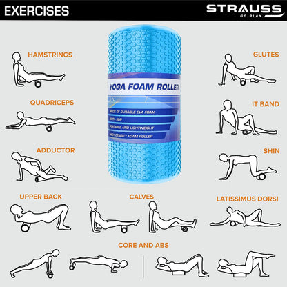 Strauss Yoga Foam Roller for Deep Tissue Massage, Muscle Recovery, Physiotherapy, Home Gym, Full Body Relaxation & Flexibility, 30cm, Sky Blue