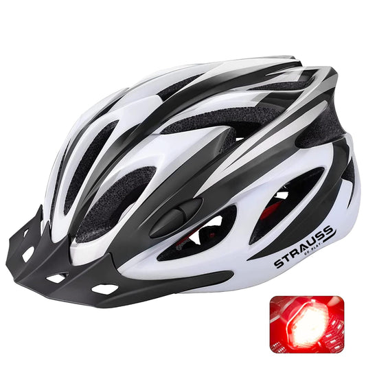 Strauss Adjustable Cycling Skating Helmet with Visor, Safety Light, Ventilation, Adjustable Strap, Chin Pad, for Men, Women, Kids Black/White