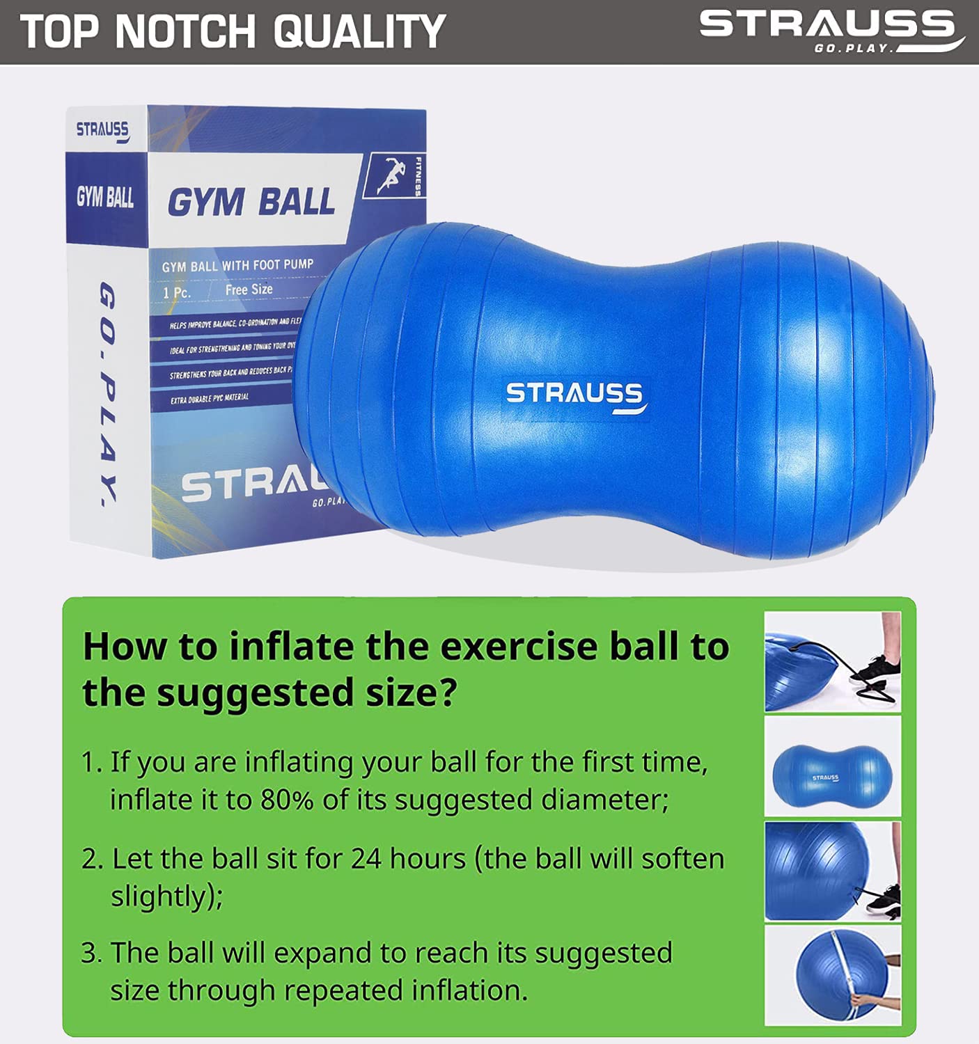 STRAUSS Anti-Burst Peanut Shape Gym Ball with Free Foot Pump, 95x45 cm, Blue. Ideal for Exercise, Yoga, Pregnancy, Balance.