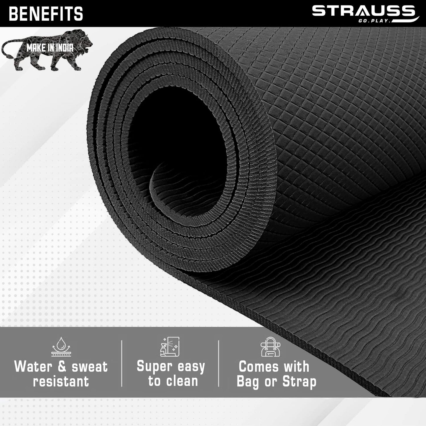 Strauss Anti Skid EVA Yoga Mat with Carry Strap 4mm Black