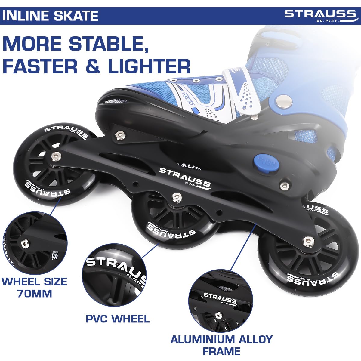 STRAUSS Blaze Adjustable Inline Skates for Boys & Girls, 3 Wheels, Beginner-Friendly, Enhanced Stability, Size L, Blue