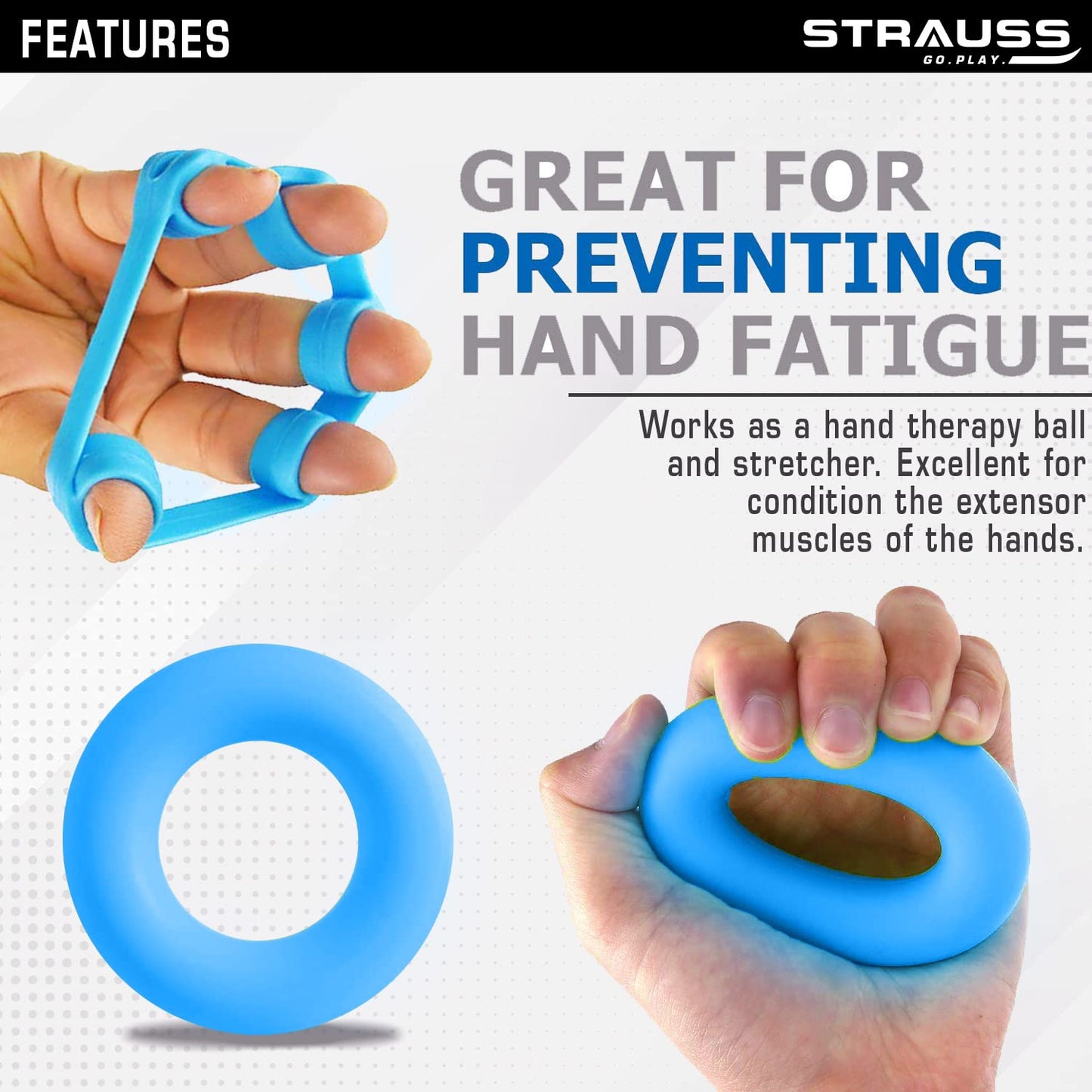 Strauss Finger Stretcher & Hand Strengthener for Carpal Tunnel Relief, Grip Strength, Silicone, Set of 2, Blue