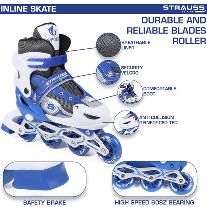 STRAUSS Vortex Adjustable Inline Skates for Boys & Girls, 4 Wheels, Beginner-Friendly, Enhanced Stability, Size M, Blue