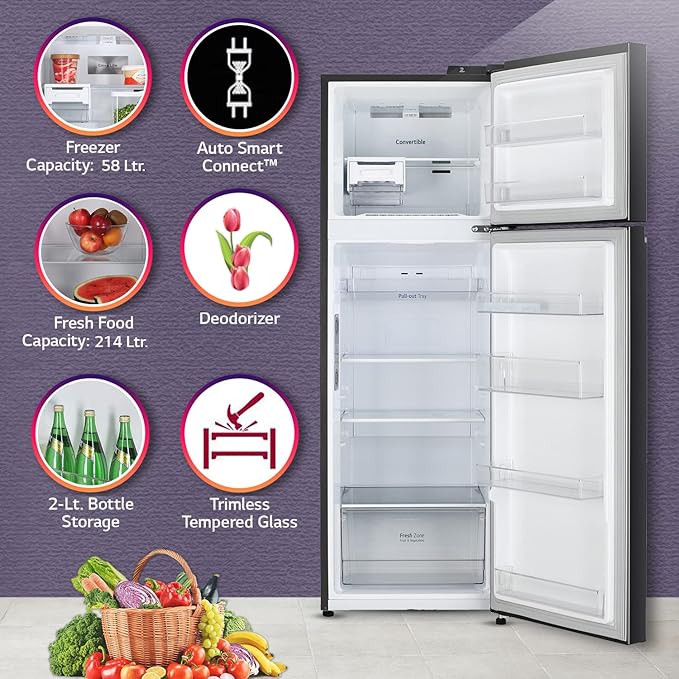 Lg 272 L 3 Star Frost-Free Smart Inverter Wi-Fi Double Door Refrigerator Gl-T312Tesx Ebony Sheen Convertible  Door Cooling Gross Volume 289 Ltr.