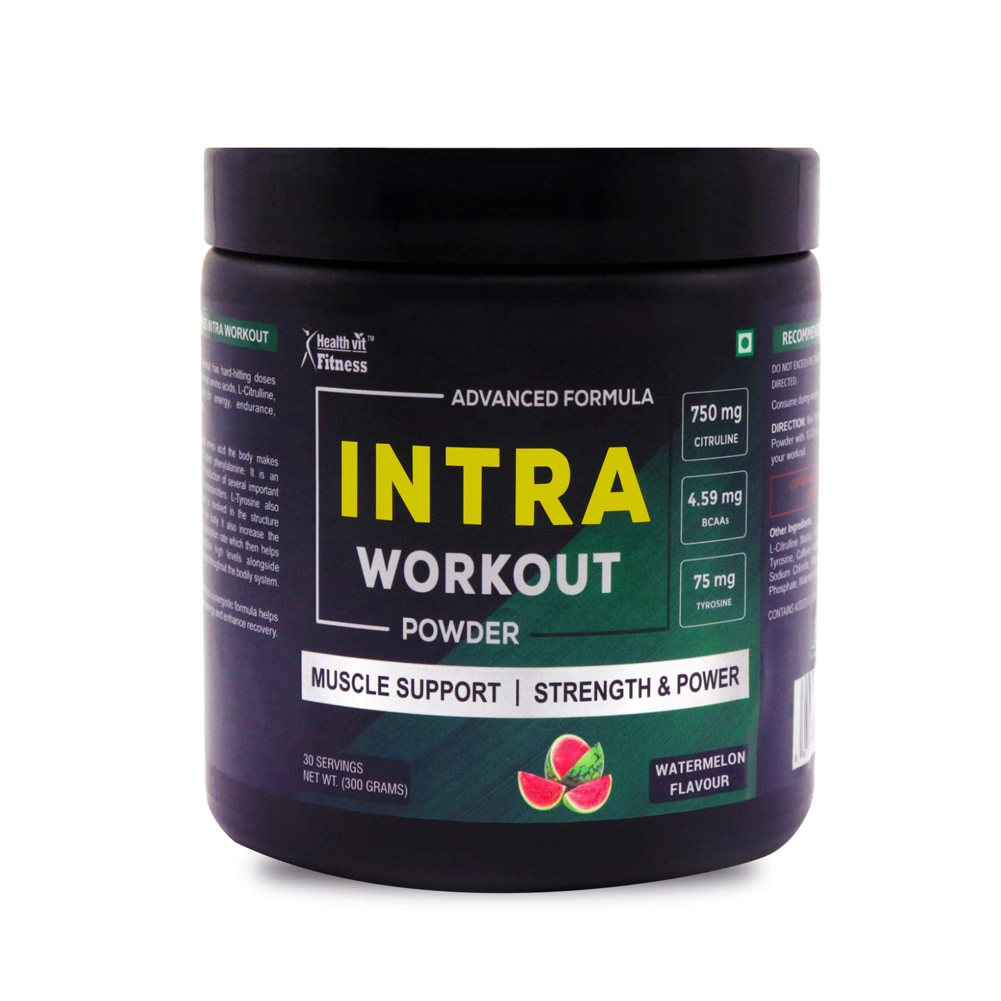 Healthvit Fitness Intra Workout Powder: L-Citrulline Malate 750mg, BCAAs 4.59mg, Tyrosine 75mg, L-Leucine 1.5g, L-Isoleucine 1.5g, 300gm.