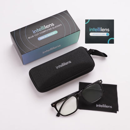 Intellilens Blue Cut Computer Glasses, Anti Glare, UV Protection, Lightweight, Black Wayfarer, Medium, for Men & Women.