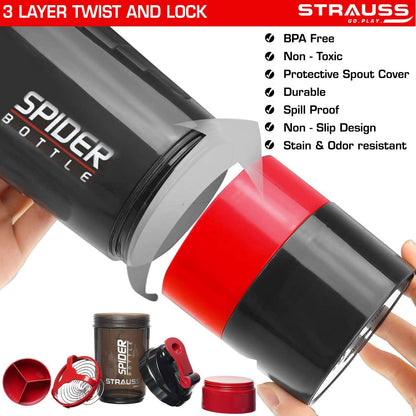 STRAUSS Spider Gym Shaker Bottle, 500ML, 2 Storage Compartments, Leakproof, BPA Free, Red