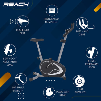 Reach B-202 Magnetic Exercise Cycle: 4kg Flywheel, Adjustable Resistance, Cushioned Seat, LCD Screen, Max User Weight 100kg.