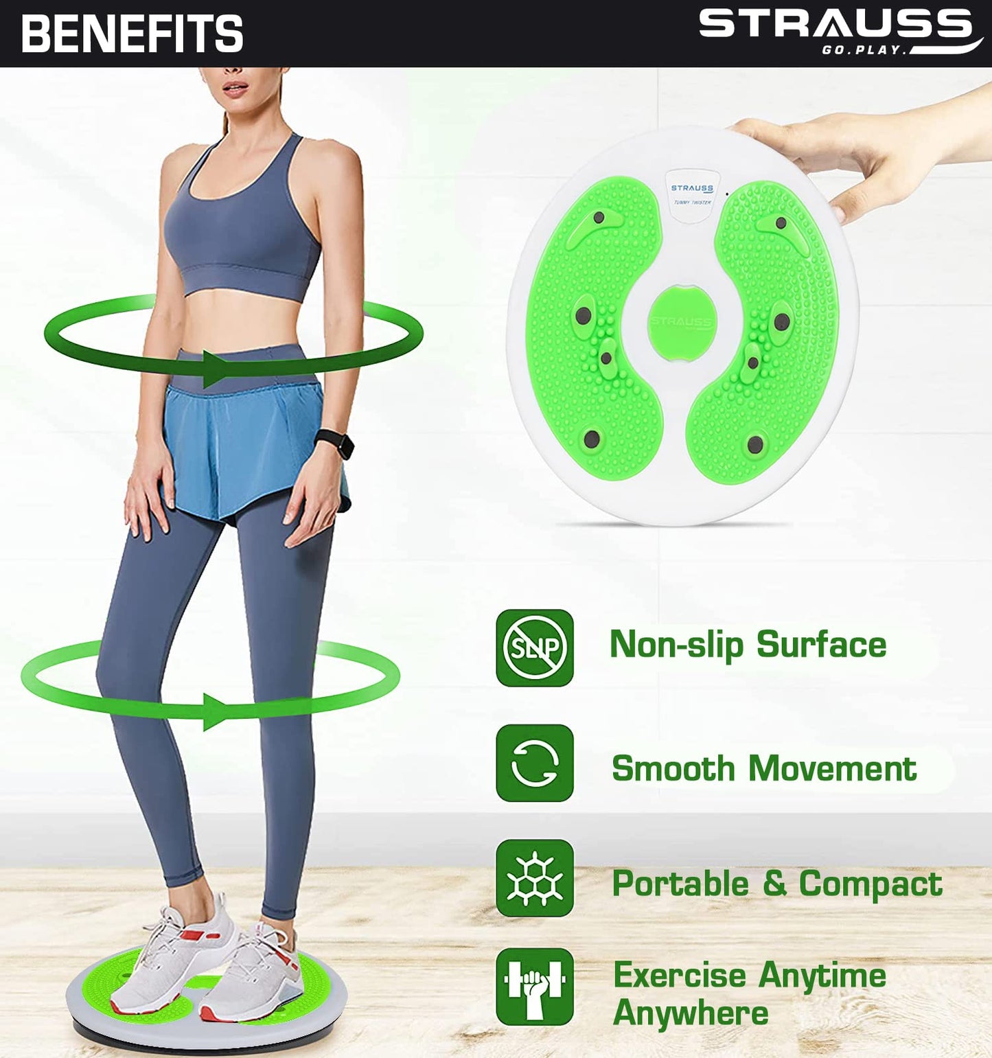 STRAUSS Tummy Twister  Tummy Trimmer Abs Roller  Shaper for Women  Men  Exercise Machine with Non-Slip Surface  Ideal Equipment for Home Workouts Green