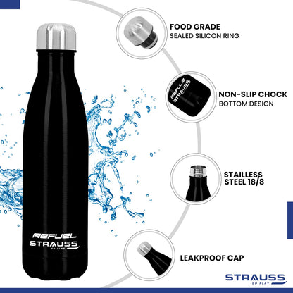 Strauss Refuel Steel Water Bottle  Leak Proof  Rust Free  Ideal for Office Gym Sports Kitchen Hiking Trekking  Travel  Vacuum InsulatedBlack