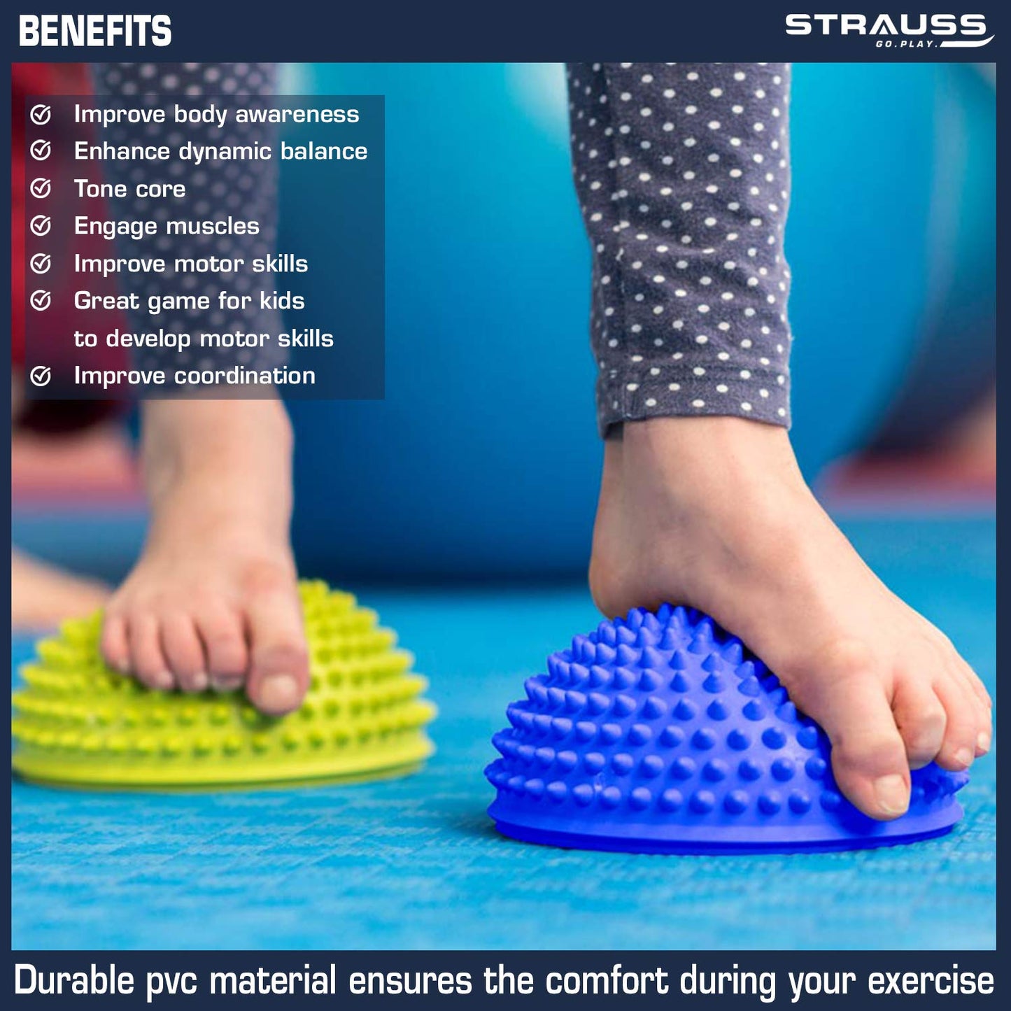 Strauss Hedgehog Balance Pods for Kids & Adults: Foot Massage, Stability Training, Yoga, Gymnastics, Core Strength - Blue