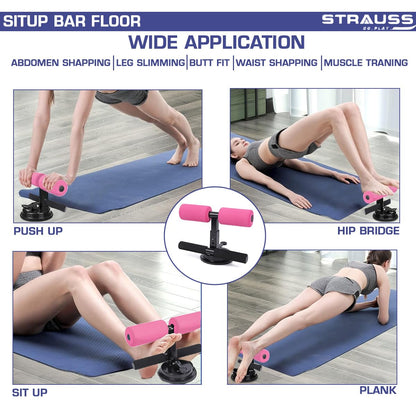 STRAUSS Sit-Up Bar: Portable, Foam Handle, Rubber Suction, Ideal for Abs Home Workout, Sit-ups, Push-ups, Weight Loss, Abdominal Trainer, Pink