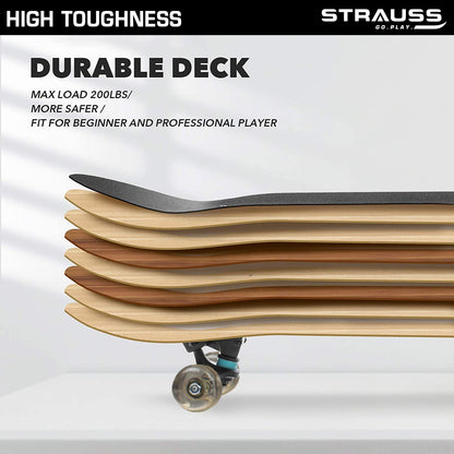 Strauss Bronx YB Lightweight Skateboard, 31x8", 8-layer maple deck, non-slip grip, 2" PU wheels, smooth ride, for ages 8+.