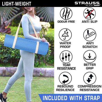 Strauss TPE Yoga Mat, 6MM, Sky Blue, Anti-Slip, with Carry Strap. Ideal for Home Workout, Gym, Yoga for Men, Women, and Kids.