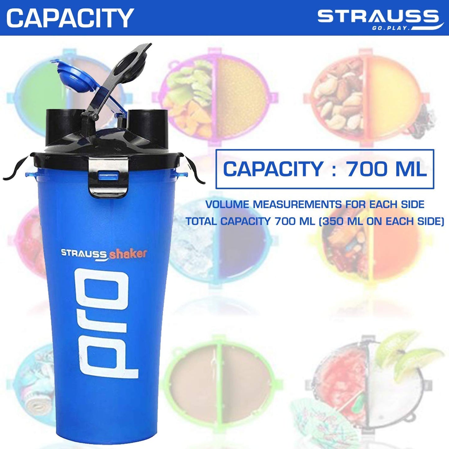 STRAUSS Dual Shaker Pro 700ml, Leakproof, BPA-Free, for Protein Shakes, Gym Use, Men & Women, Blue.