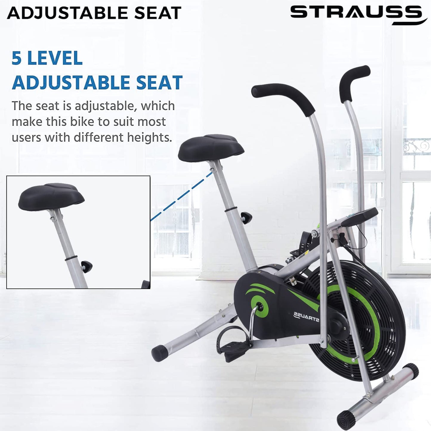 Strauss Stayfit Exercise Bike: Adjustable Resistance, Cushioned Seat, LCD Monitor, Max Weight 120Kg, Green.