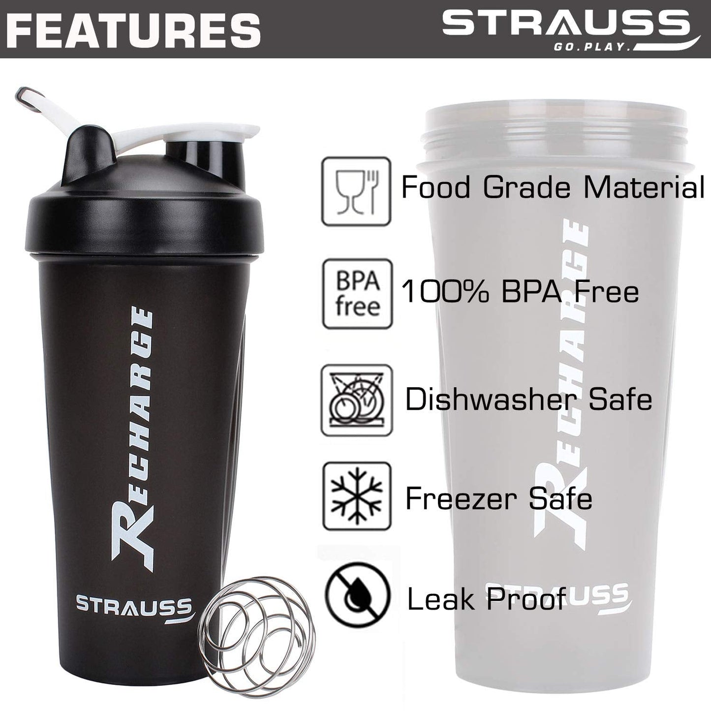 Strauss Recharge Shaker Bottle 600 ml Black