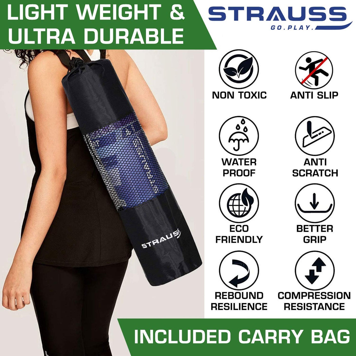 STRAUSS Yoga Mat with Carry Bag  Anti-Slip Exercise Mat for Women  Men  Home Gym Workout Yoga Pilates  Eco-friendly  Non-Slip Surface  Lightweight  Durable  6mm Green