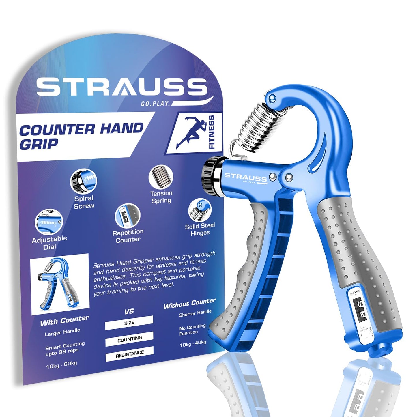 Strauss Adjustable Hand Grip with Counter, 10KG-60KG Resistance, Ideal for Forearm & Hand Exercises, Strength Building for Men & Women, Blue