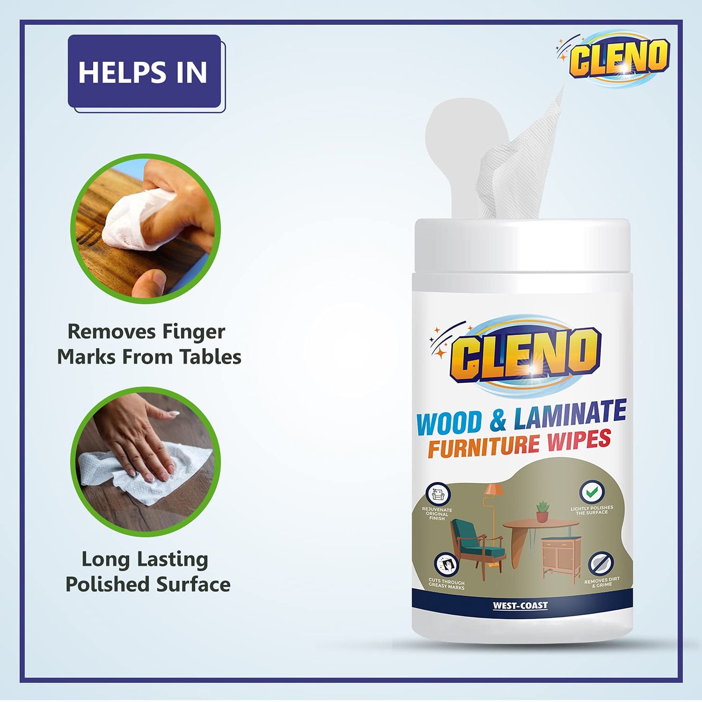 Cleno Wood  Laminate Furniture Wet Wipes Clean Restore Polish  Protects TablesChairsCupboardBedroom FurnitureCabinetsBenchesDoorsDesksAll Types of Furniture - 50 Wipes Ready to Use