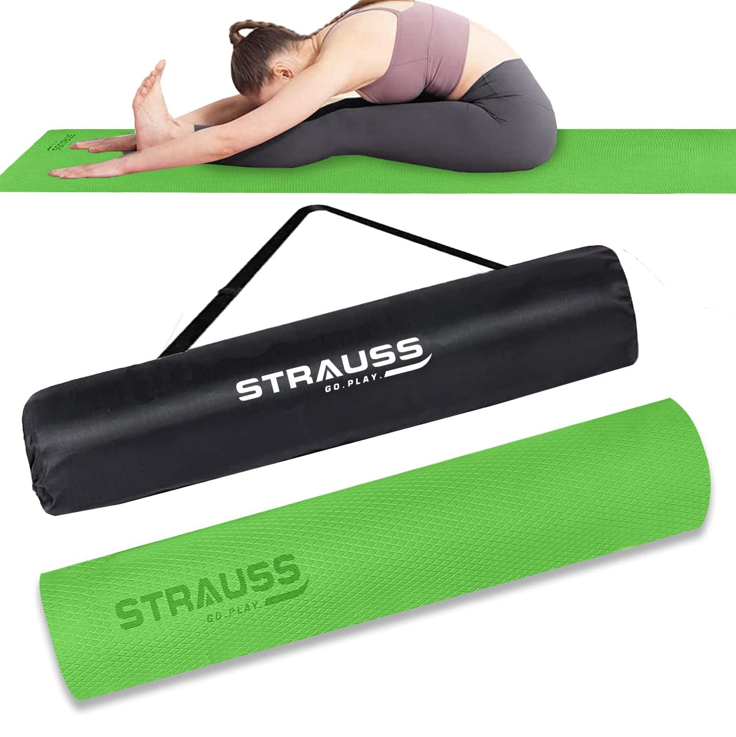 STRAUSS EVA Yoga Mat with Carry Bag, Non-Slip, Eco-Friendly, Lightweight, Durable, Ideal for Yoga, Pilates, Fitness, Men & Women, 6mm, Green