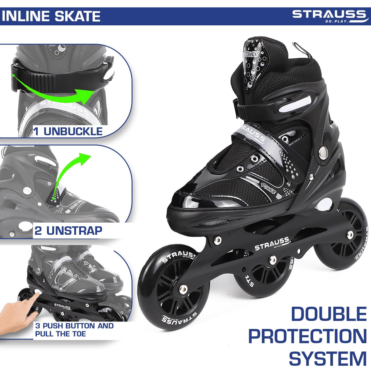 STRAUSS Trinity Adjustable Inline Skates for Boys & Girls, Beginner-Friendly, 3 Wheels, Enhanced Stability, Size M, Black