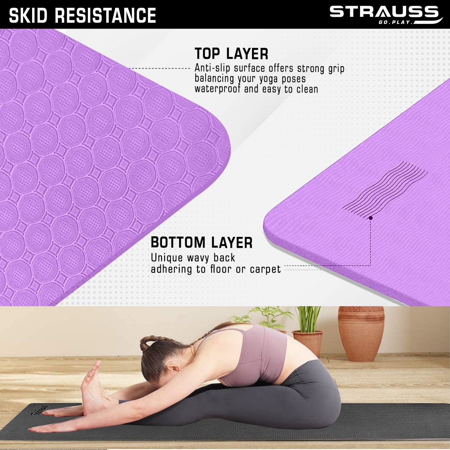 Strauss TPE Yoga Mat, 6MM, Anti-Slip, with Carry Strap. Ideal for Home Workout, Gym, Yoga. Suitable for Men, Women, Kids. Purple.